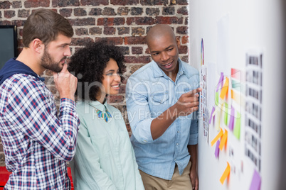 Team looking at sticky notes on wall