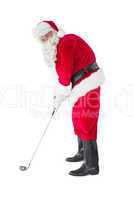 Happy santa claus playing golf
