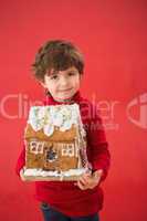 Festive little boy holding gingerbread house