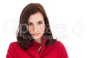 Portrait of a beautiful brunette in red coat