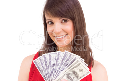 Brunette showing fan of dollars