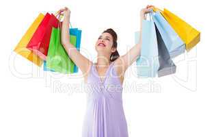 Happy brunette showing shopping bags