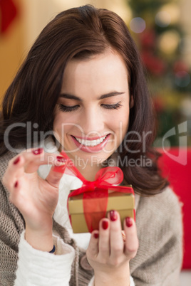 Smiling brunette opening a gift on christmas day