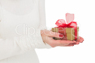 Pretty woman holding gild gift