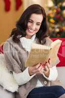 Smiling brunette reading on the couch at christmas
