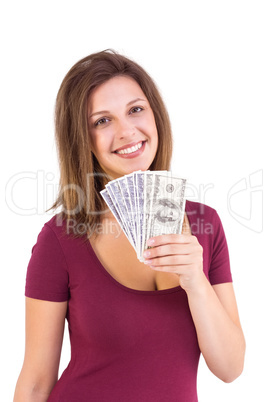 Pretty brunette showing wad of cash