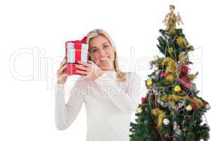 Festive blonde holding gift by the tree