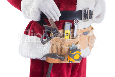 Father Christmas is wearing a tool belt