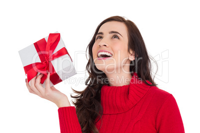 Happy brunette in red jumper hat showing a gift