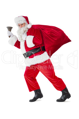 Santa walking with his sack and bell