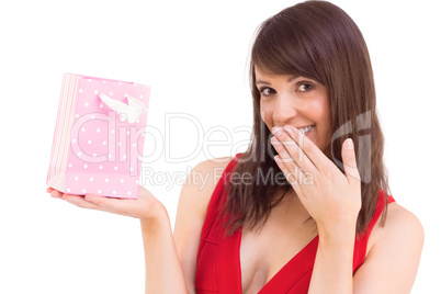 Festive brunette holding a gift bag