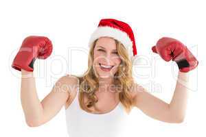 Festive blonde with boxing gloves