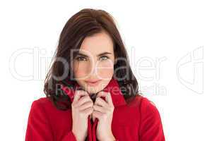 Portrait of a pretty brunette in red coat