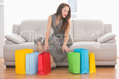 Elegant brunette looking in shopping bag