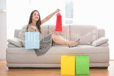Brunette sitting on the couch with shopping bags