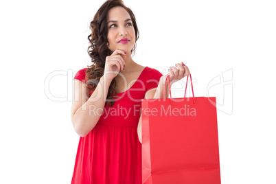Thoughtful brunette holding shopping bag