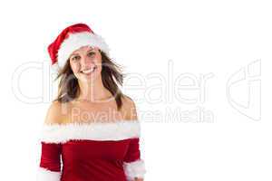 Portrait of pretty young woman in santa costume smiling