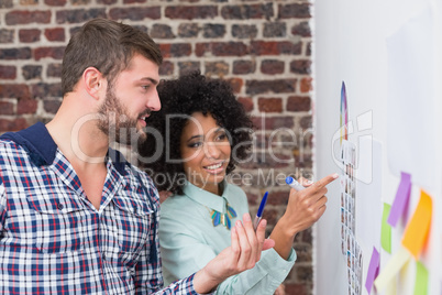 Team looking at sticky notes on wall