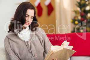 Relaxed brunette reading on the couch at christmas