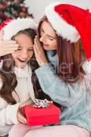 Festive mother and daughter on the couch with gift