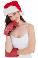 Beauty brown hair in boxing gloves
