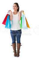 Happy brunette posing with shopping bags