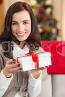 Smiling brunette holding gift on the couch at christmas