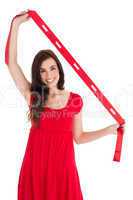 Stylish brunette in red dress holding scarf