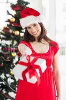 Festive brunette in red dress holding gift at christmas