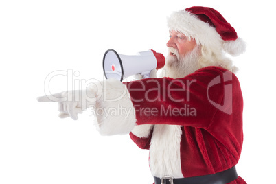 Santa points at something and uses a megaphone