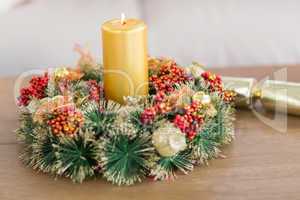 Close up of wreath with candles