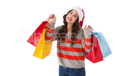 Cheerful brunette holding shopping bags