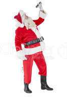 Happy santa claus singing with microphone