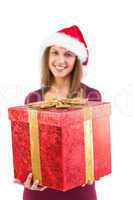 Young woman giving a christmas present with bow
