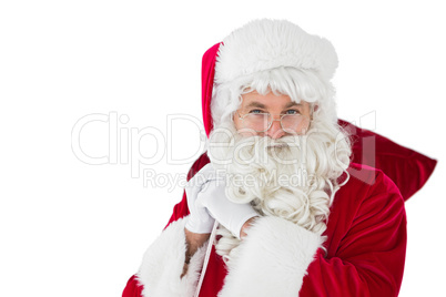 Happy santa claus holding his sack