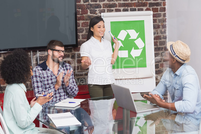 Team in meeting with recycling symbol on whiteboard