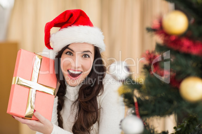 Surprised brunette holding a gift