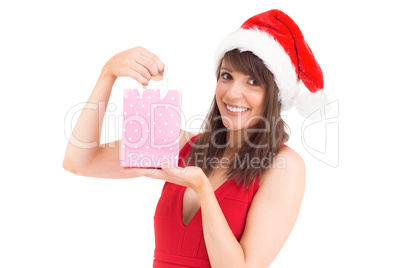 Festive brunette holding a gift bag