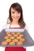 Festive brunette showing hot cookies