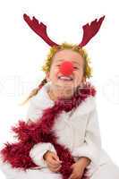 Cute little girl wearing red nose and tinsel