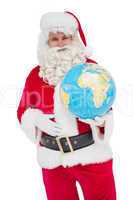 Happy santa claus holding a globe