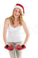 Festive blonde with boxing gloves posing