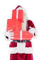 Santa covers his face with presents