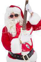 Santa with sunglasses playing electric guitar