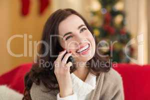 Smiling brunette on the phone on christmas day