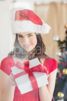 Beauty brunette showing gift at christmas