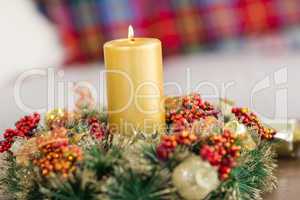 Close up of wreath with candles