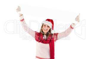 Festive woman presenting empty banner