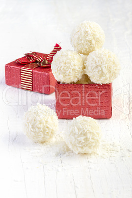 Coconut snowball truffles in the gift box