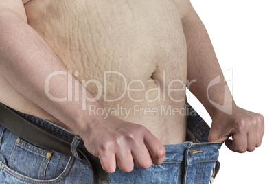 overweight Man stretching blue jeans